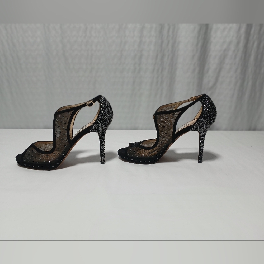 Jimmy Choo" Leondra" Black Suede& Semi- Sheer Mesh With Swarovski Crystals. 8.5 - Picture 3 of 16